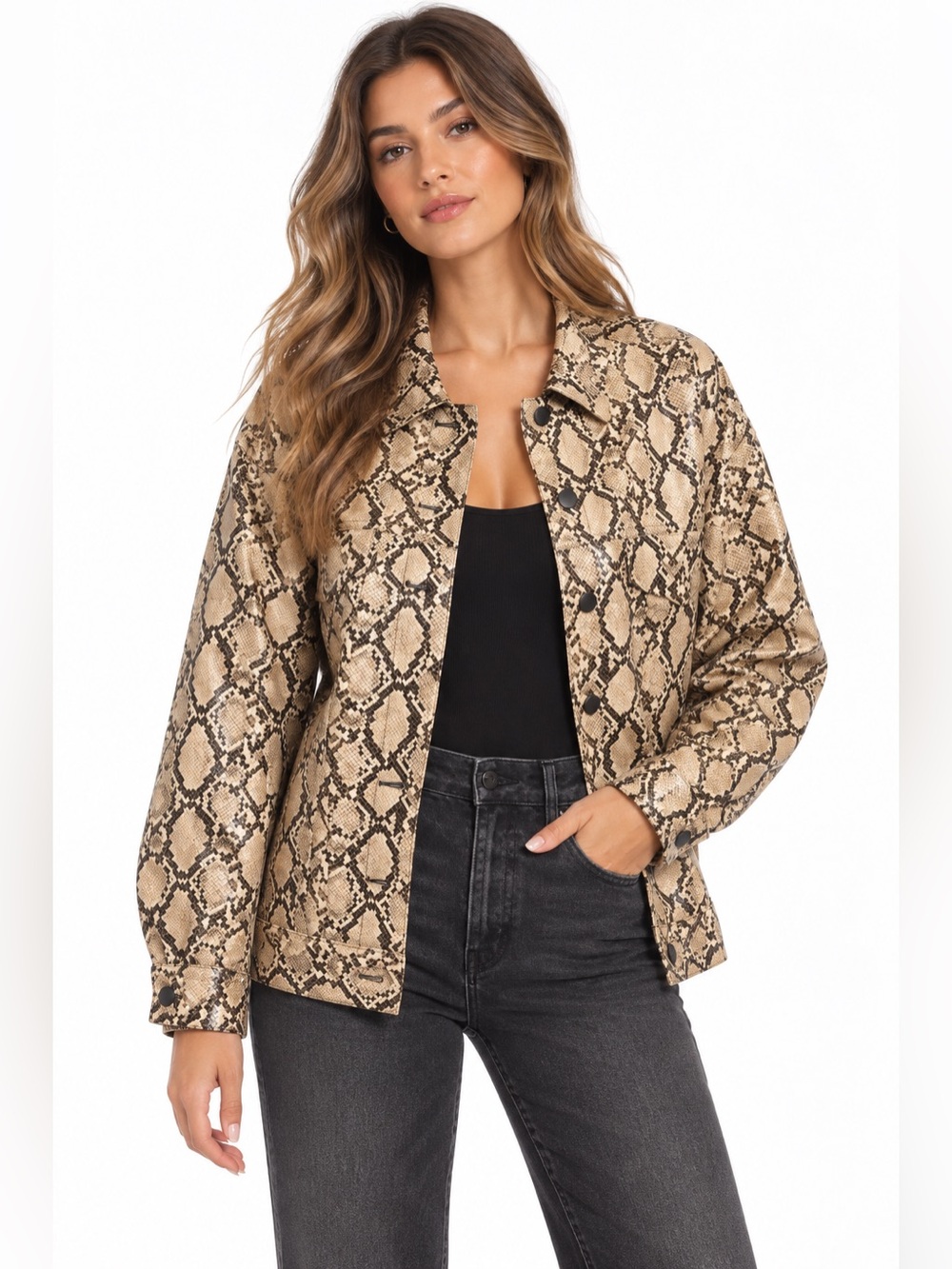 GOOD AMERICAN Good Snake Trucker Vegan Leather Jacket